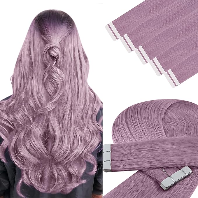 YoungSee Purple Tape in Human Hair Extensions Lavender Human Hair Tape in Extensions Light Purple Tape Extension Remy Hair 16In 10pcs Invisible Tape-ins Extension Colorful 25g For Diy