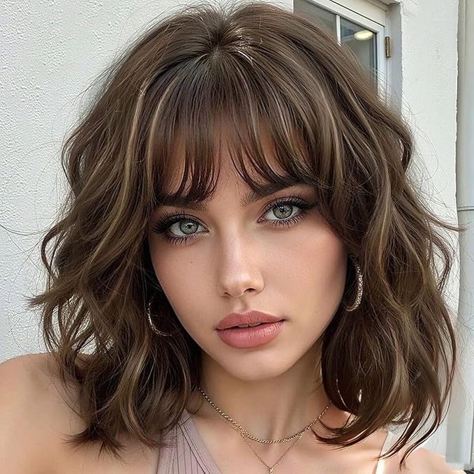 AISI HAIR Curly Bob Wig with Bangs Short Wavy Warm Medium Brown with Golden Highlights. Color Wigs for Women Bob Style Synthetic Heat Resistant Bob Wigs