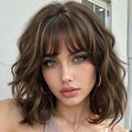 AISI HAIR Curly Bob Wig with Bangs Short Wavy Warm Medium Brown with Golden Highlights. Color Wigs for Women Bob Style Synthetic Heat Resistant Bob Wigs
