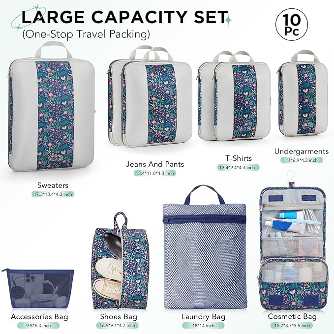 10 Set Compression Packing Cubes for Travel Essentials,Compressible Expandable Packing Cubes for Suitcase,OlarHike Luggage Organizer Bags,Handy Helper for Organizing Clothes(Dark Blue Floral)
