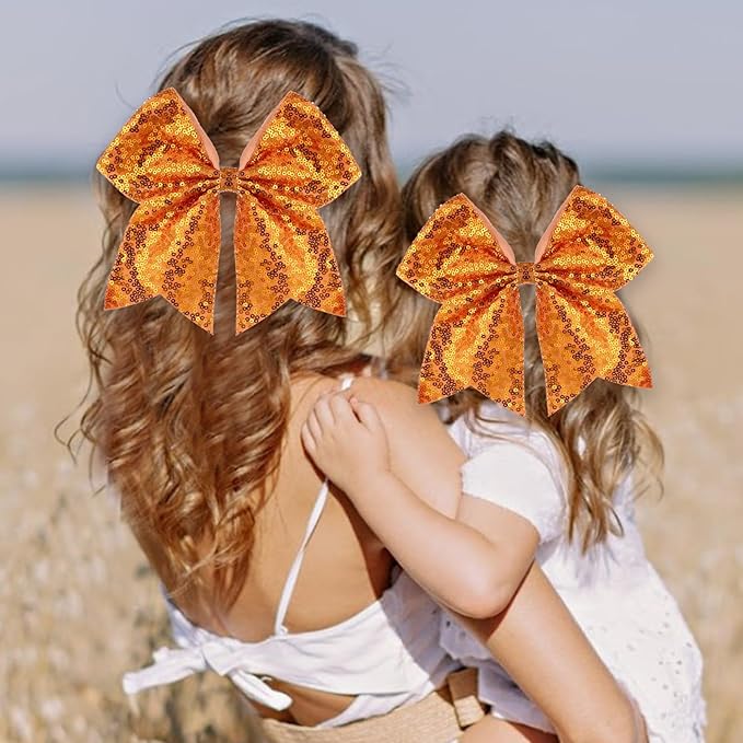 Large Glitter Cheer Bows Clips, Jumbo Big 7 Inch Cheerleading Sequin Hair Bow Hair Accessories for Teens Girls Football Sports Cheerleader Outfit Uniform (Bright Orange)