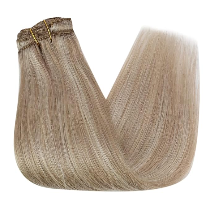 Ve Sunny Human Hair Clip in Extensions Full Head Remy Hair Extensions Blonde Highlight for Women Warm Color Clip in Hair Extensions Straight 120g 7pcs 16 inch