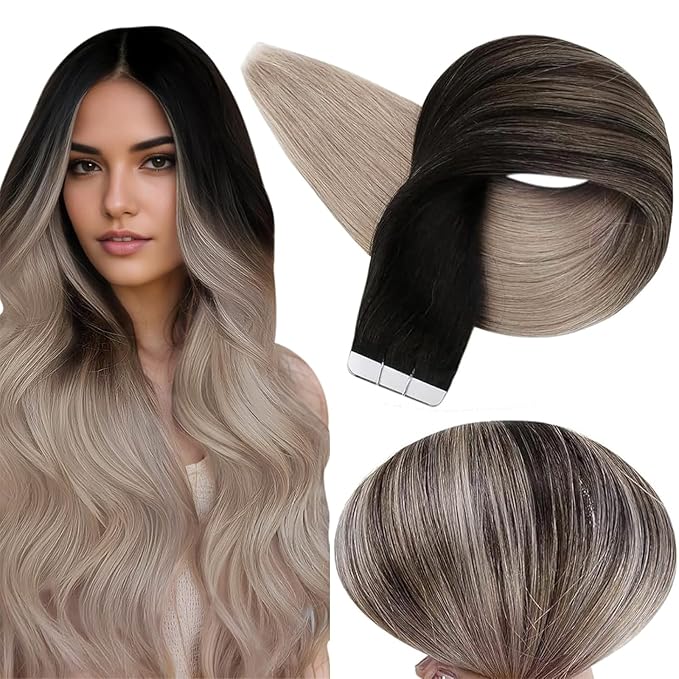 Full Shine Tape in Hair Extensions Color 1B/18 Ombre Black To Blonde Double Sided Tapes Hair Extensions 20Pcs 50G Remy Tape in Extensions Human Hair 14Inch Straight Skin Weft Hair Extension for Women