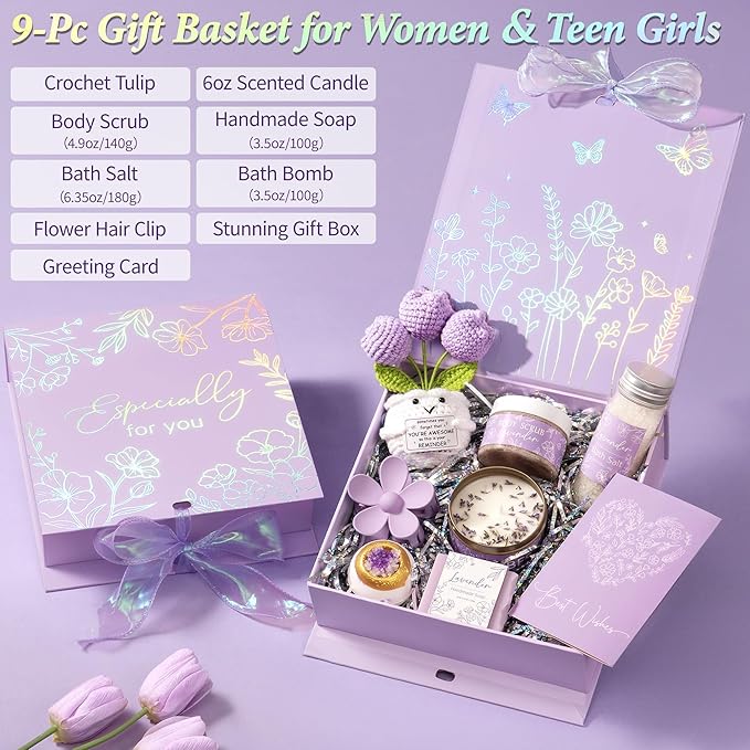 Spa Gifts for Women Bath Gift Set, Lavender Relaxing Spa Gift Baskets Home Bath Set Self Care Kit Care Package Thank You Christmas Birthday Gifts for Women Mom Her Friend Sister Teen Girl Wife Grandma