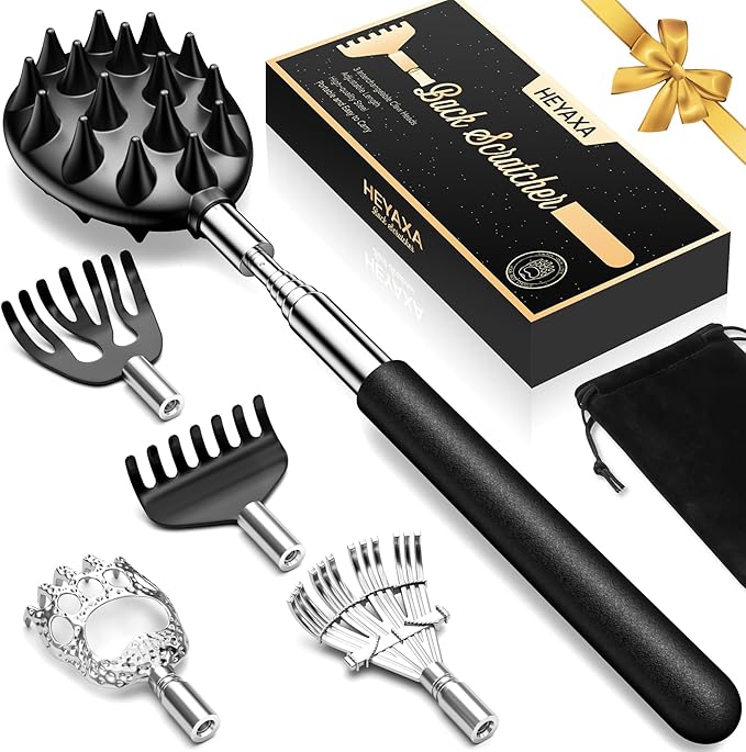 Telescoping Back Scratcher with 5 Detachable Heads, Gifts for Christmas, Stocking Stuffers for Men, Women, Him, Her, Dad, Funny White Elephant Gifts for Adults, Gift Box Included