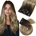 Moresoo Human Hair Clip in Extensions Balayage Dark Brown to Medium Brown with Blonde Ombre Clip in Hair Extensions for Women Full Head 7 Pcs 120G 22 Inch