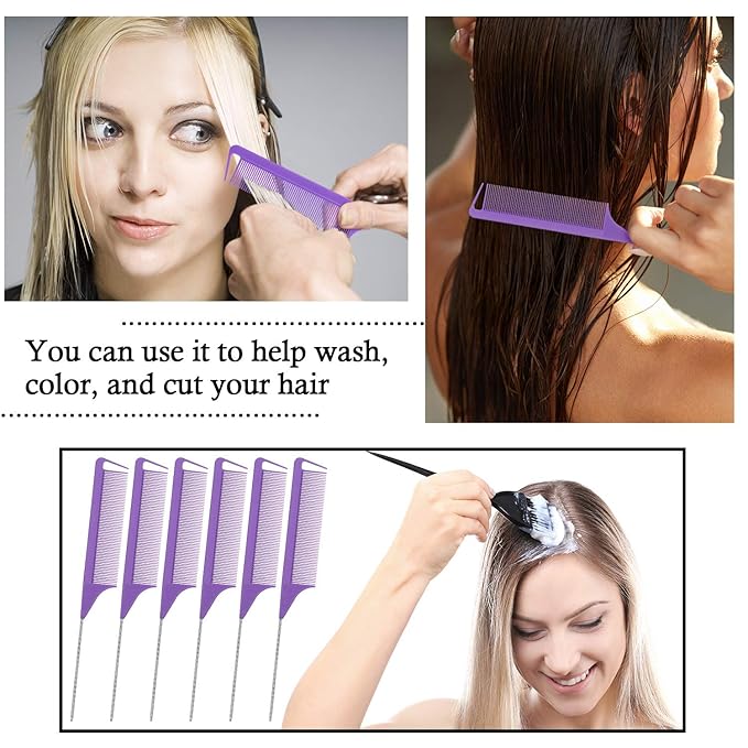 Patelai 30 Pieces Rat Tail Combs Bulk, Hair Teasing Fine Tooth Pintail Combs Braiding Hair Styling Tools with Steel Pin for Stylists Salon Teasing Sectioning Coloring Detangling(Purple)