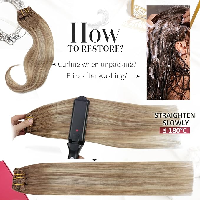 Moresoo Clip in Hair Extensions Balayage Double Weft Real Human Hair Extensions Clip ins Light Brown Mixed with Golden Blonde Full Head 7Pieces 120Grams 20inch