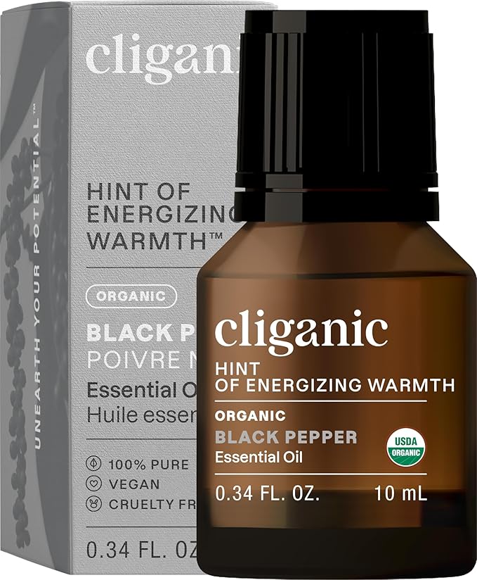 Cliganic Organic Black Pepper Essential Oil, 100% Pure Natural for Aromatherapy | Non-GMO Verified (Packaging May Vary)