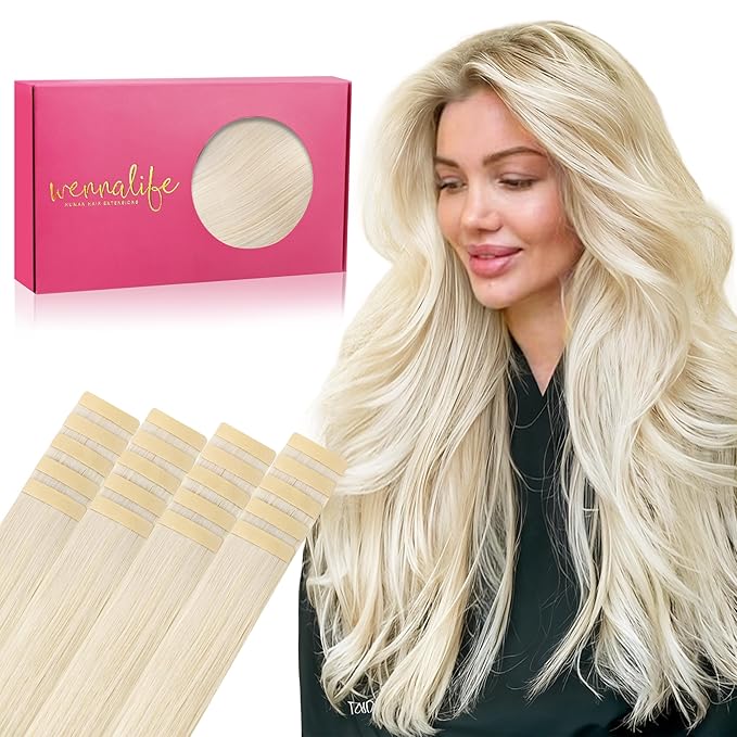 WENNALIFE Tape in Hair Extensions Human Hair, 20pcs 30g 10 inch Platinum Blonde Remy Hair Extensions Straight Skin Weft Extensiones De Cabello Humano