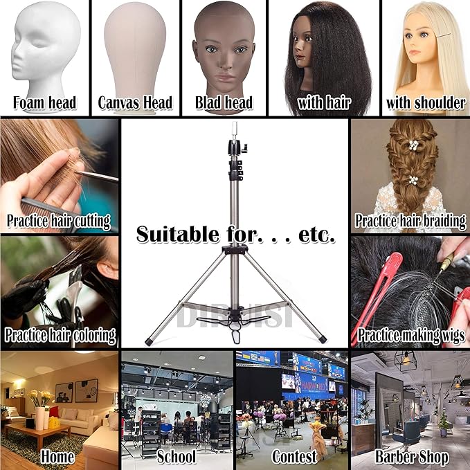 Reinforced Wig Stand Tripod Mannequin Head Stand Adjustable Wig Head Stand Holder for Cosmetology Hairdressing Training with Carrying Bag (Silver)