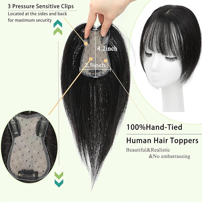 Hair Toppers for Women Real Human Hair, 360°3D Bangs Clip Human Toppers for Women with Thinning hair Realistic Scalp Line (Brown Black, 3D Side Bangs (11 * 7))