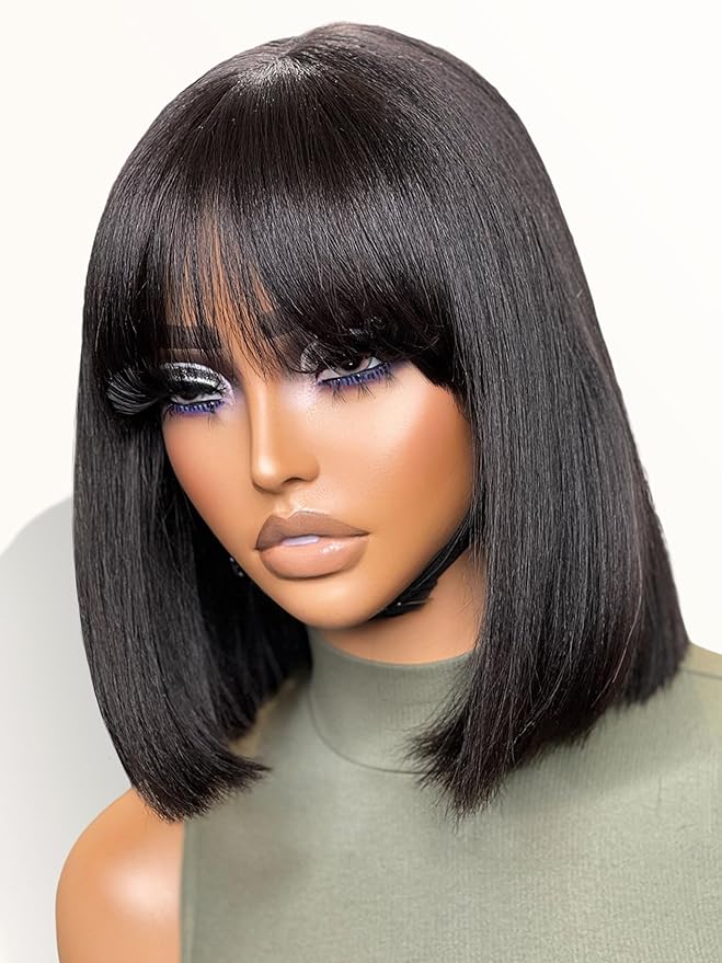 LUVME HAIR 10 Inch Light Yaki Straight Bob Wig with Bangs Human Hair Realistic HD Lace Short Black Bob Wigs, Ready to Go Blunt Cut Bob Wig Glueless 180 Density