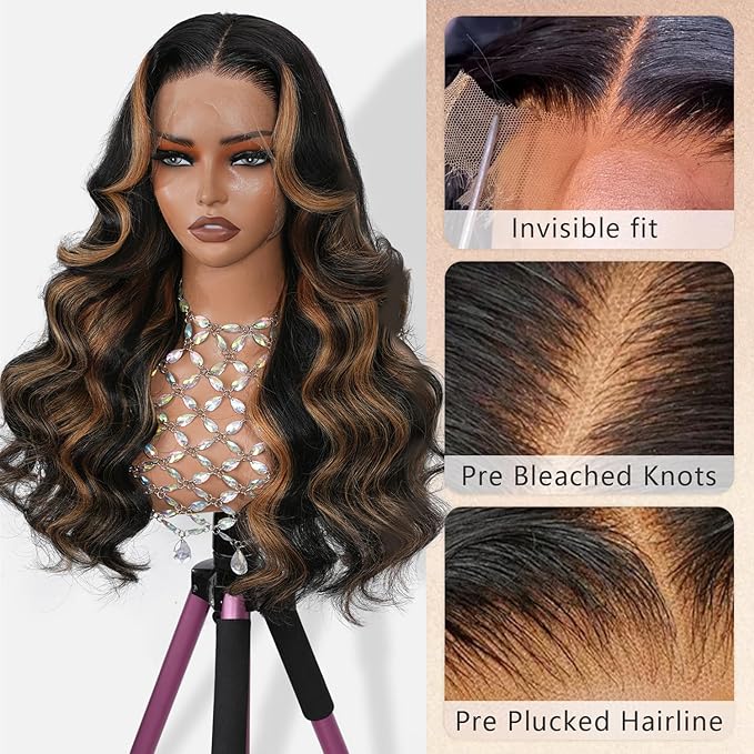 1B/30 Highlight Ombre Body Wave 13x4 Full Frontal Lace Wig SKINLIKE Swiss HD Lace Wig 0.10mm Ultra-thin Invisible Pre plucked Bleached Tiny Knots Balayage Brown Colored Wigs for Women 200% Density