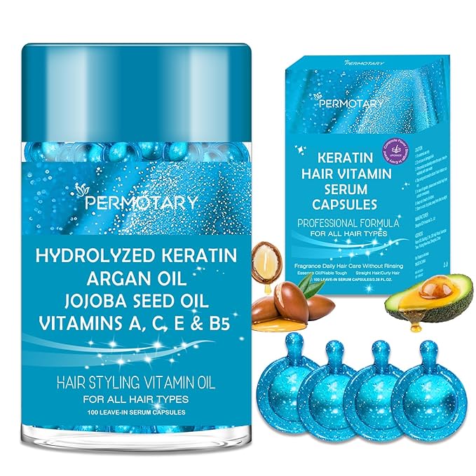 100 Capsules Styling Serum With Keratin, Treatment Oil for Frizzy Hair, Serum With Vitamins A, C, E & B5, Argan Avocado Oil for All Types, Leave-in Conditioner for Women & Men