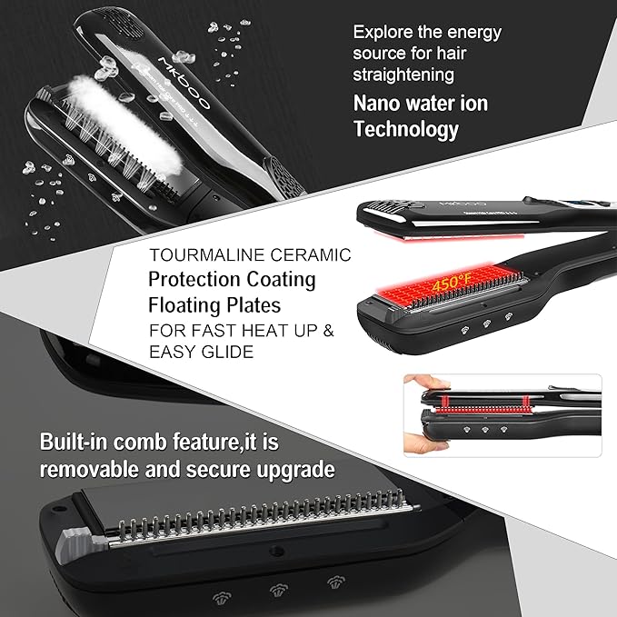 MKBOO Hair Straightener with Steam, Salon Professional Nano Titanium Ceramic Steam Flat Iron with Removable Comb+Digital LCD+5 Level Adjustable Temperature+Auto Temperature Lock Black