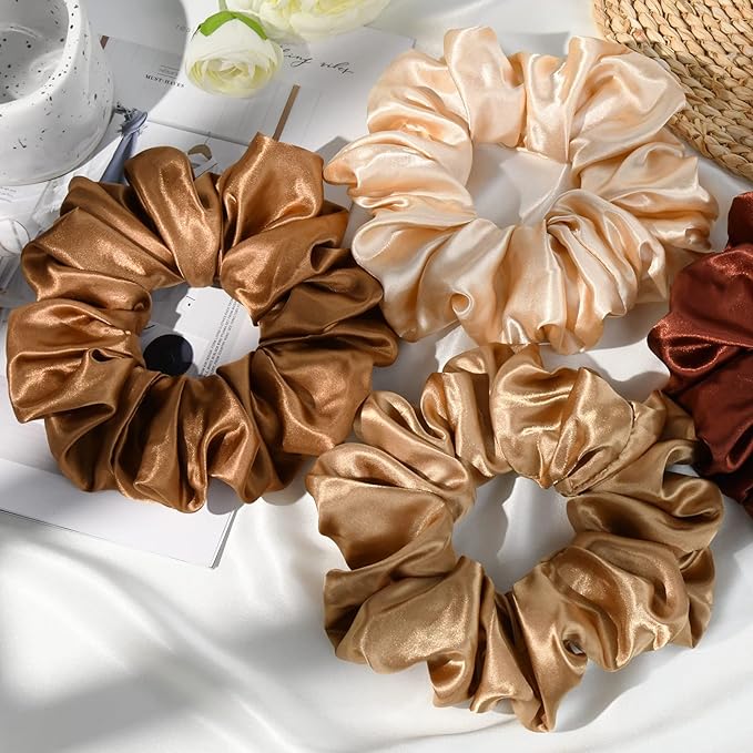 CEELGON Large Silk Satin Scrunchies for Women Big Scrunchies Jumbo Satin Hair Ties Oversized Hair Scrunchies for Thick Curly Hair Pack of 6 (Black,Champagne,Brown,Gold)