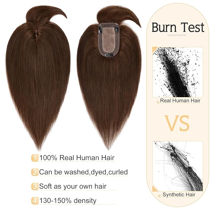 SEGO Hair Toppers for Women Real Human Hair With Bangs, 7 * 13CM Silk Base 100% Remy Human Hair Clip in Top Wiglet Hairpieces Add Volume /14 Inch Medium Brown