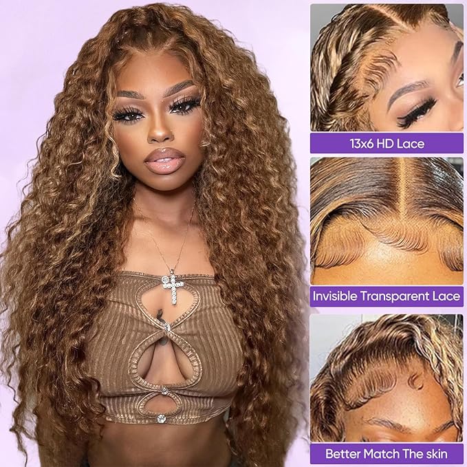 30inch Highlight Ombre Lace Front Wig Human Hair Deep Wave 13x6 HD Honey Blonde Lace Frontal Wigs P4/27 Curly Human Hair Wig Glueless Wigs Human Hair