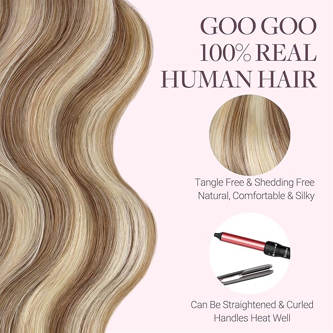 GOO GOO Tape in Hair Extensions Human Hair, 8B/60B Golden Blonde Highlights, 18inch 50g 20pcs, Skin Weft Seamless Invisible, Silky Straight with Thick Ends, Remy Human Hair