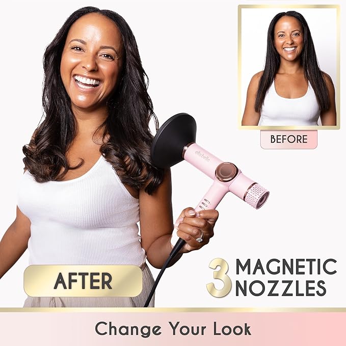 ELLA BELLA® Professional Ionic Hair Dryer with Diffuser • Negative Ion Blow Dryer • Suitable All Hair Types • Intelligent Heat Control & Rapid Drying Speeds • Lightweight Design • Low Noise Technology