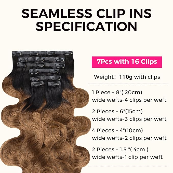 Lashey Seamless Hair Extensions Real Human Hair 110g 7pcs Body Wave Clip in, with PU Soft Invisi Edge 16 Inch Ombre Natural Black to Medium Auburn Clip in Hair Extensions Human Hair