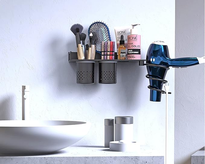 MyLifeUNIT Hair Dryer Holder, Wall Mounted Blow Dryer Organizer with 2 Cups, Bathroom Hair Styling Tools Shelf
