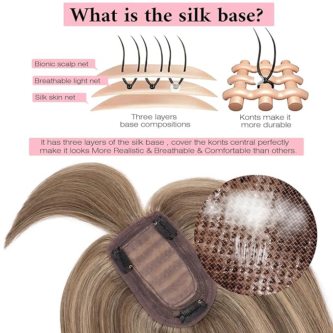 SEGO 100% Real Human Hair Toppers, with Air Bangs, Silk Base 150% Density, Clip in Topper, 2.7”x5.1”, HairPieces for Women, with Thinning/Hair Loss Cover Gray