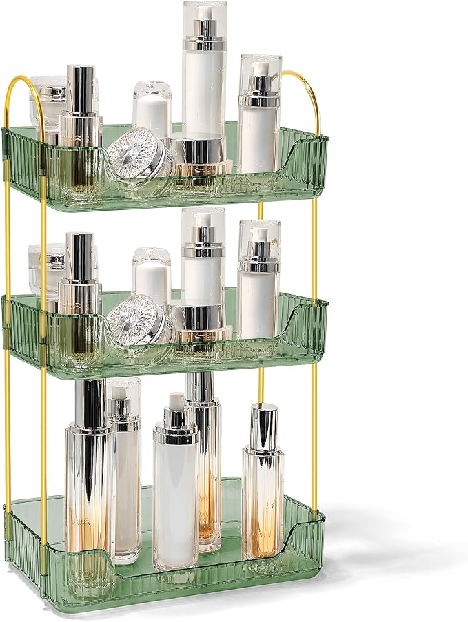 Bathroom Counter Organizer Countertop Storage Skincare Countertop Makeup Organizer Cosmetics Skincare Organizers Holder for Perfume-Green-Golden Pole-3 Tier