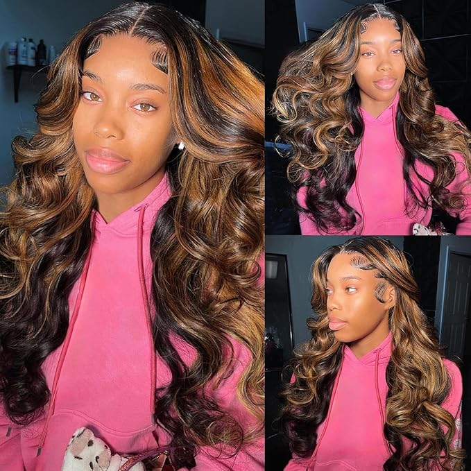 Highlight Wig Human Hair Body Wave Lace Front Wigs Human Hair Pre Plucked 13x4 Ombre Lace Front Wig Human Hair for Women 1B/30 Black with Brown Balayage Glueless Wigs 200 Density 22 Inch