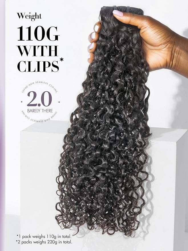 LUVME Invisible Clip in Hair Extensions Messy Curly Real Human Hair, Remy Hair Clip ins for Women, Natural Human Hair, 14 inch 110g 6Pcs, Natural Black