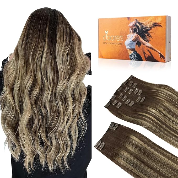 DOORES Human Hair Extensions Clip in, Balayage Chocolate Brown to Honey Blonde, 150g 9pcs 20 Inch, Remy Thick Hair Extensions