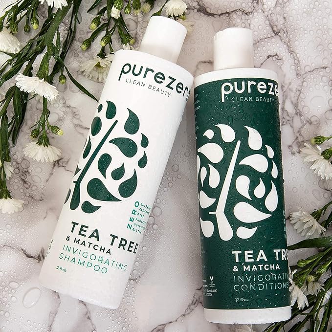 Purezero 20 oz Tea Tree & Matcha Shampoo and Conditioner Set - Nourishing & Invigorating Scalp Treatment - Zero Sulfates, Parabens, Dyes Vegan and Cruelty Free