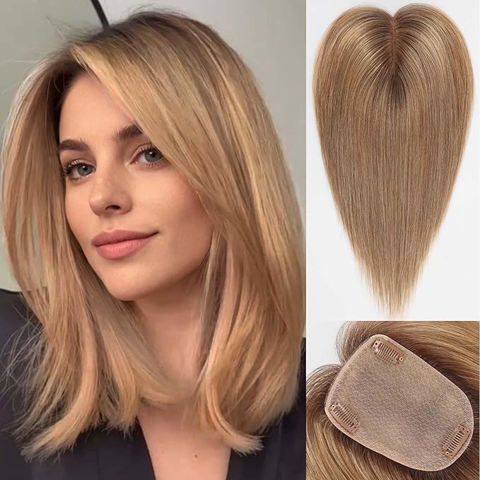 starluck Human Hair Toppers for Women Real Human Hair No Bangs 4 * 5.5 inch Base 12 inch SilkHug Topper for Women with Thinning Hair Cover Grey Roots(Ombre Light Brown)
