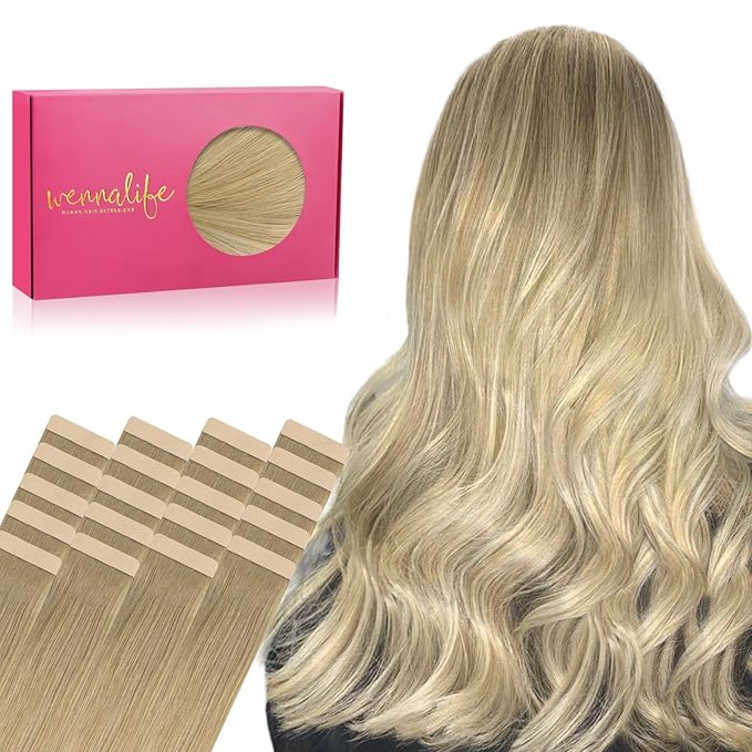 WENNALIFE Tape in Hair Extensions Human Hair, 20pcs 50g 18 inch Balayage Dirty Blonde to White Blonde Remy Hair Tape in Extensions Skin Weft
