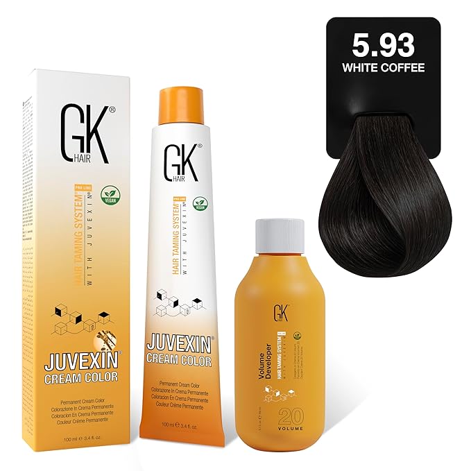 GK HAIR Global Keratin White Coffee 5.93 Hair Color Cream Tube (3.4 Fl Oz/100ml) + 20 Volume Developer (5 Fl Oz/150ml) - Professional Permanent Long Lasting Toner Dye