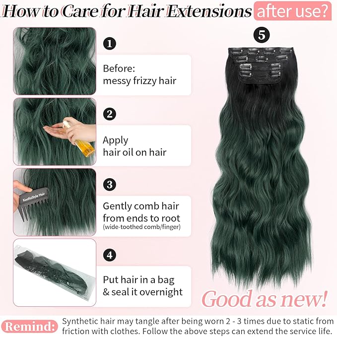 KooKaStyle Clip in Synthetic Hair Extensions Long Wavy 4PCS Thick HairpiecesBlack to Green Ombre Fiber Double Weft Natural Hair Extensions 24 Inch for Women