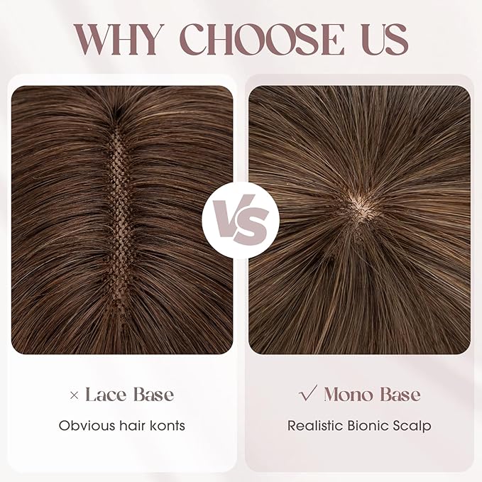 MY-LADY Human Hair Toppers for Women Real Human Hair with Bangs Thin 8.5 * 8.5CM Mono Base Clip in Remy Hairpieces Light Weight 14 Inch Golden Brown Mixed Bleach Blonde