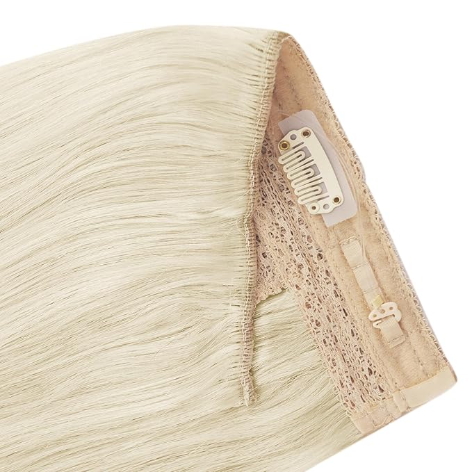 YoungSee Invisible Wire Hair Extensions Real Human Hair Blonde Hair Extensions Wire Platinum Blonde Fish Line Hair Extensions Human Hair Dyable Remy Hair 16In 80G