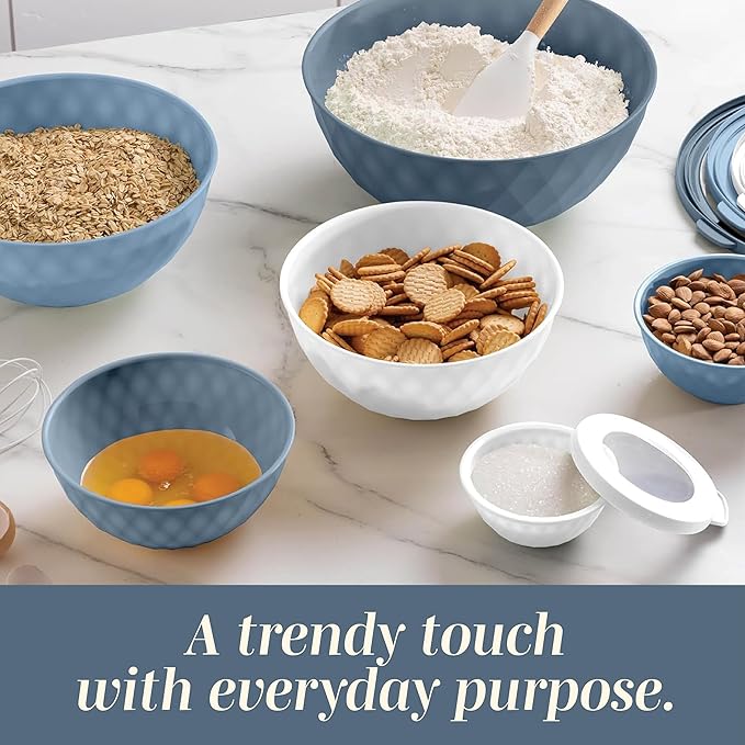 COOK WITH COLOR Mixing Bowls with Lids - 12 Piece Plastic Nesting Bowls Set includes 6 Prep Bowls and 6 Lids, Diamond Design - Microwave Safe, Denim