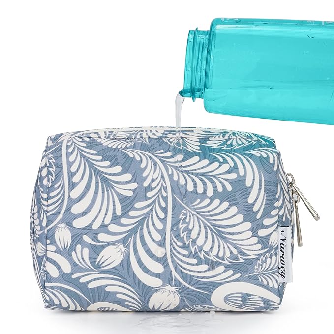 Narwey Small Makeup Bag for Purse Mini Cosmetic Bag Travel Makeup Pouch Zipper Pouch Cute Make up Bags with Compartments for Women Girls (Small, Blue Leaf)