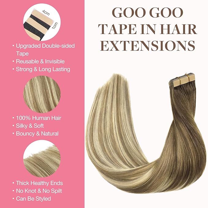GOO GOO Tape in Hair Extensions Human Hair, 3/8/613 Walnut Brown to Ash Brown and Bleach Blonde, 20inch 100g 40pcs, Skin Weft Seamless Invisible, Silky Straight with Thick Ends, Remy Human Hair