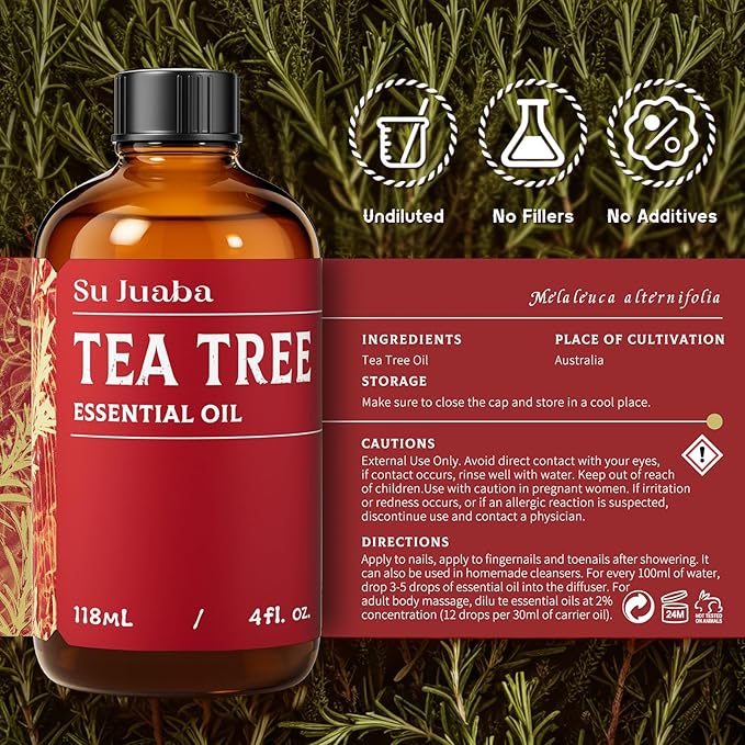 SU JUABA 4 Oz Tea Tree Essential Oil, 100% Natural Aromatherapy Oil for Toenail,Skin,Face,Hair,Shampoo - 118ML