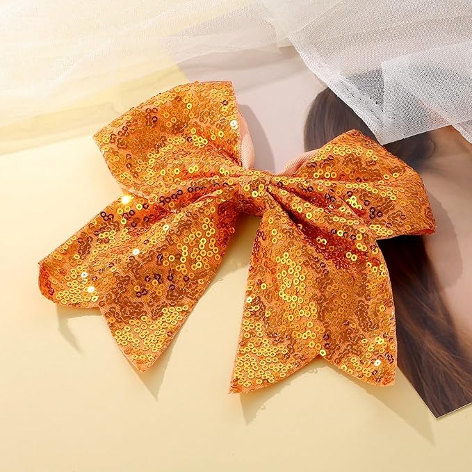 Large Glitter Cheer Bows Clips, Jumbo Big 7 Inch Cheerleading Sequin Hair Bow Hair Accessories for Teens Girls Football Sports Cheerleader Outfit Uniform (Bright Orange)
