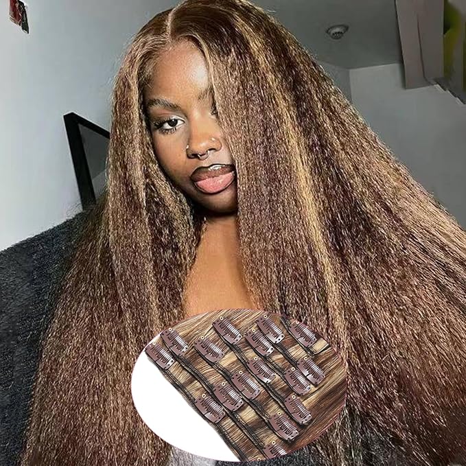 Kinky Straight Human Hair Clip Ins 120g 8pcs 22inch,Soft & Natural Straight Double Weft for Women #P427 Chocolate Brown to Honey Blonde Hair Extensions Real Human Hair Clip Ins