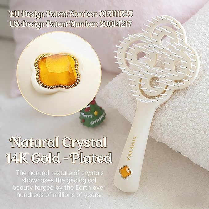 Simetra Detangler Hair Brush for Woman and Men, Original Detangling Brush for Curly Hair/Fine &Thick/Wet & Dry Hair, Holiday Present Hairbrush - Natural Crystal Inlay & 14K Gold Plating