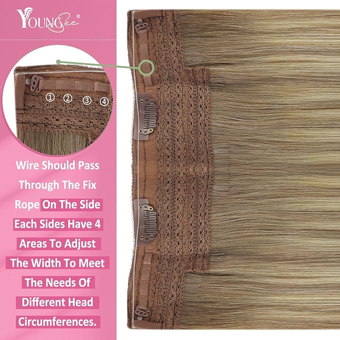 YoungSee 130G Light Brown Wire Hair Extensions for Women Balayage Human Hair Wire Extensions Light Brown Mix Platinum Blonde Fish Line Hair Extensions Human Hair 22Inch