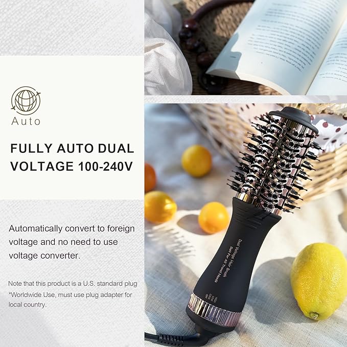 Dual Voltage Blow Dryer Brush Travel Hair Dryer Brush in One,2 inch Oval Shape Hot Air Brush,Travel Hair Tools/Volumizer/Straightener/Curler,European Blow Dry Brush with Universal Adapter