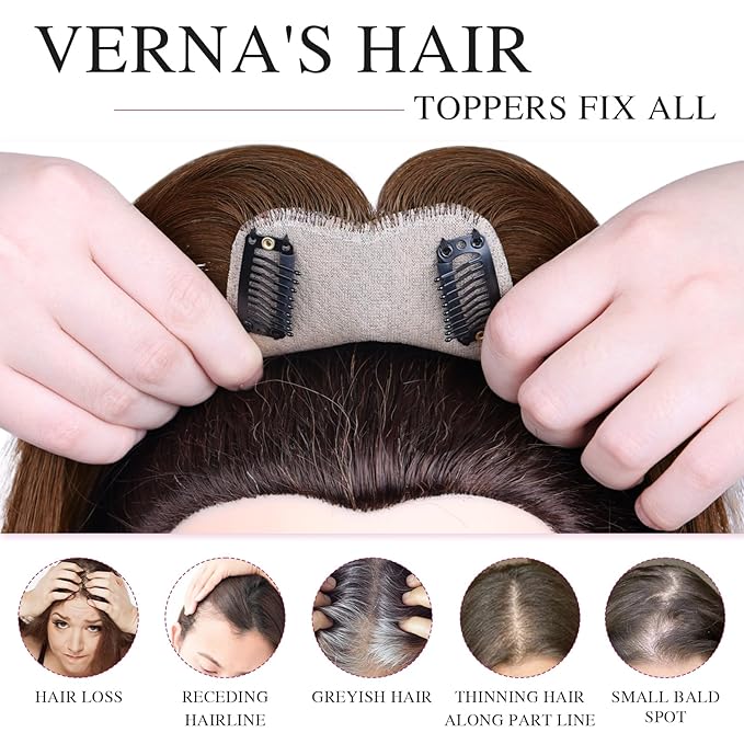 VERNA Real Human Hair Topper, 10 Inch 100％ Human Hair Toppers for Women with Thinning Hair, Large area Coverage Medium Brown Hairpiece Wiglet for Daily Wear(8 * 11)