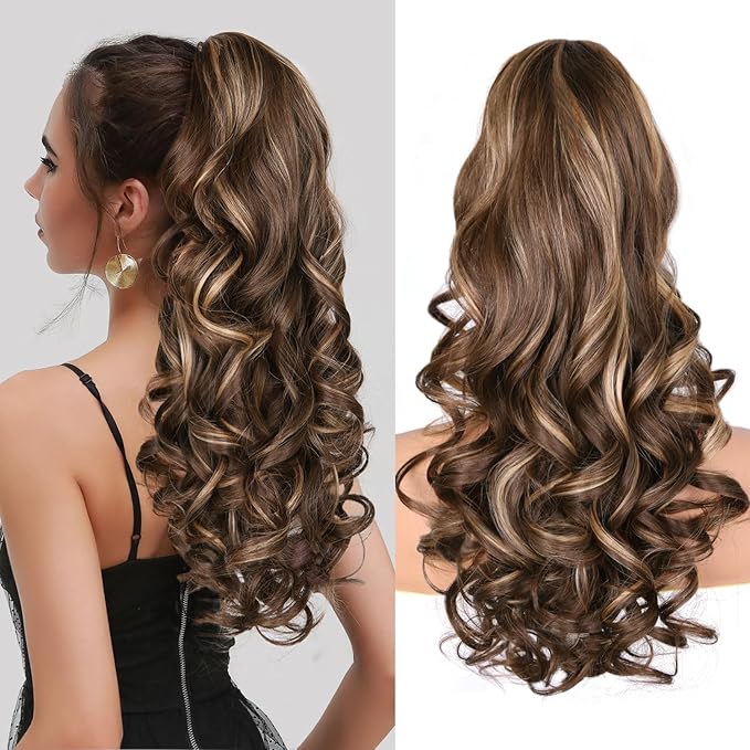 24 Inch Ponytail Extension, Clip on Ponytails for Women, Long Curly Wavy Ponytail Extensions for Women, Synthetic Layered Pony Tails Hair Extensions (Color: Chestnut Brown With Golden Highlights)